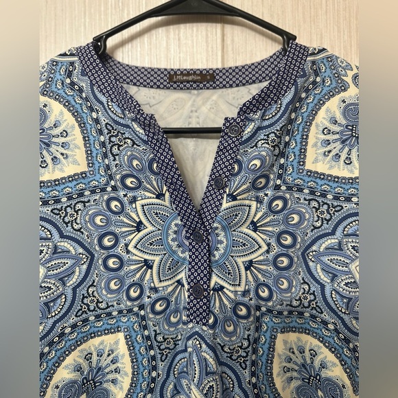 J. MCLAUGHLIN Catalina Cloth Stretch Popover Tunic Blue White Print X - Picture 4 of 6